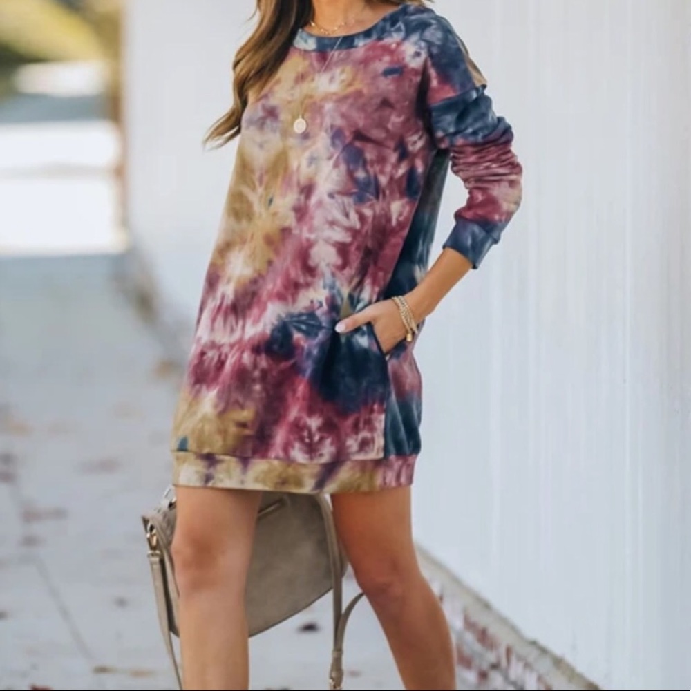 Pocketed tie dye cotton sweatshirt dress